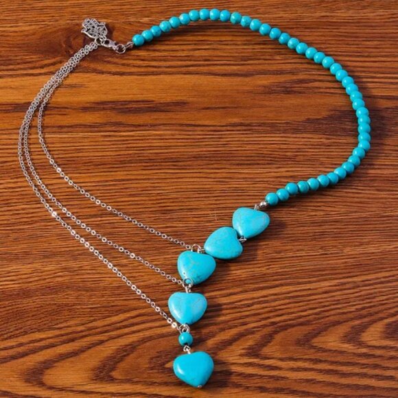 Unique Turquoise & Layered Sterling Silver Chain  Drop Heart Necklace - Picture 6 of 7